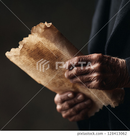 Closeup of hands holding aged parchment. Represents history, knowledge, legacy, and storytelling.  Evokes a sense of mystery, age, and importance.  Use for historical, legal, or ancestry concepts. 128413062