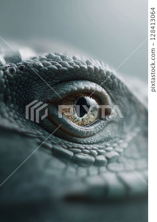 Intense closeup of an animals eye with scaly skin. Evokes themes of wildlife, reptile behavior, detail, and observation. Perfect for nature, science, or animal projects. 128413064