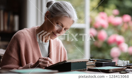 Serene older woman engrossed in reading a book. Soft natural light, garden backdrop. Captures intellect, retirement, and the joy of lifelong learning. 128413068
