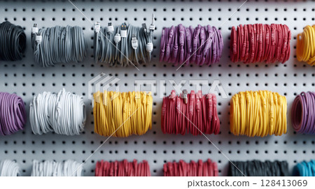 Organized chaos of colorful cables, neatly coiled on a pegboard. Concept of connectivity, data management, technology solutions. Tech, office, organization, IT. 128413069