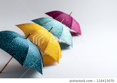 A vivid row of dotted umbrellas. Colorful and cheerful, symbolizing protection, diversity, and preparedness. Perfect for weather, design, or creative concepts. 128413070
