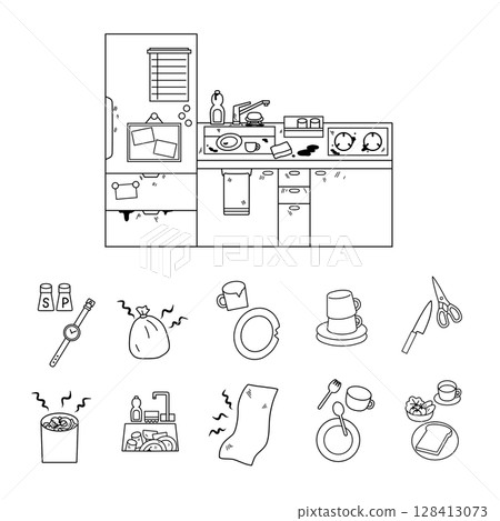 Dirty kitchen and peripheral items illustration monochrome 128413073