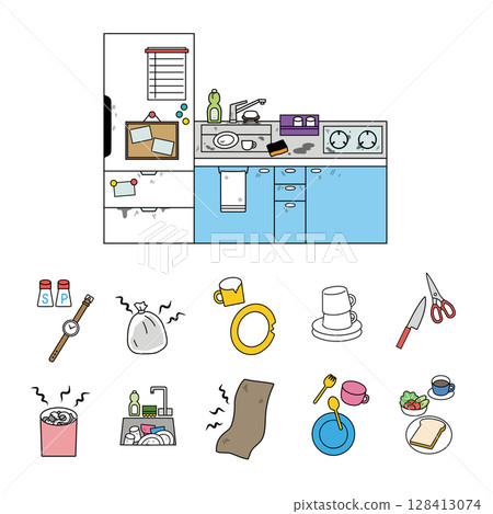 髒廚房及週邊物品插畫顏色 128413074