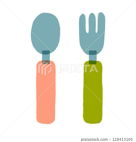 嬰兒湯匙和叉子（嬰兒食品）的插圖 128413105