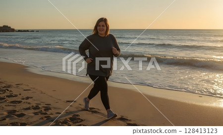 Curvy Woman Jogging on Sunset Beach Curvy Woman Jogging on Sunset Beach 128413123