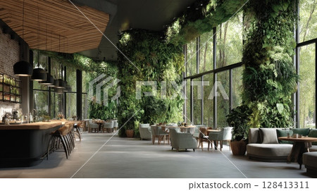 Luxurious botanical themed restaurant with vertical gardens and modern decor 128413311