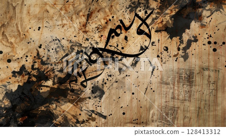 Abstract calligraphy on textured canvas with ink splashes 128413312
