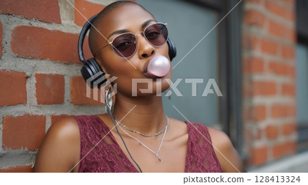 Trendy african female young adult blowing bubble gum with headphones and sunglasses 128413324