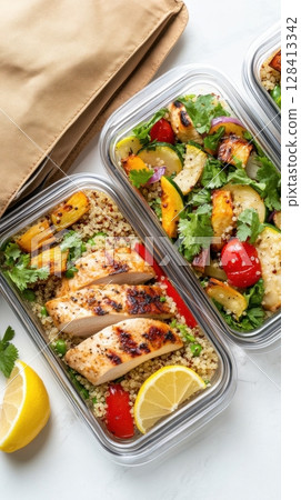 National Brown-Bag It Day Healthy grilled chicken and quinoa meal prep with fresh vegetables 128413342