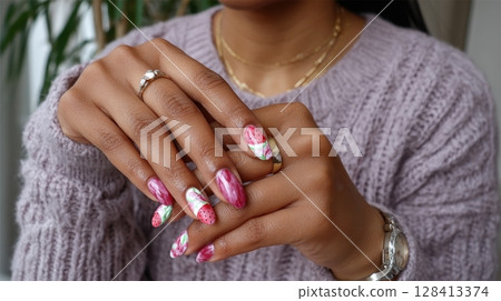 African female with watermelon nail art displaying fashionable jewelry 128413374