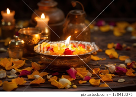 Traditional diya and petals decorated for indian festival celebration 128413375