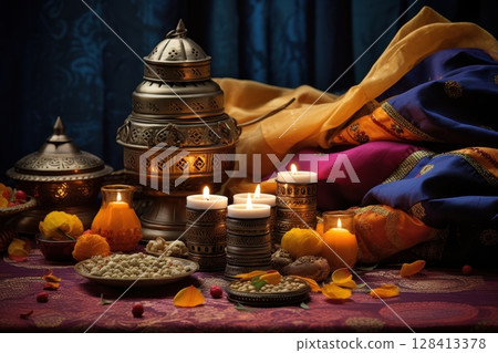 Diwali festival celebration with traditional decor, lamps, and sweets in vibrant colors 128413378