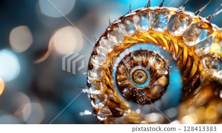 Close-up of a spiral-shaped seashell with intricate patterns and reflective surface 128413383