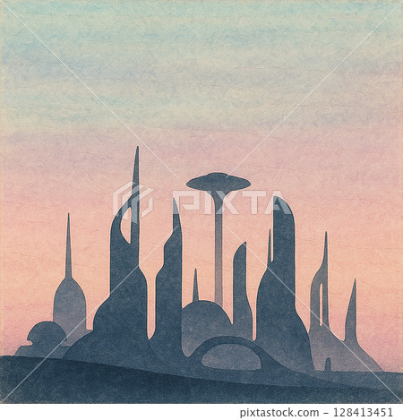 A silhouette of a futuristic city floating in a pastel gradation A silhouette of a futuristic city floating in a pastel gradation 128413451