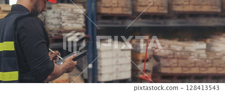 Banner Close up Hispanic men hands using pen touch smart tablet Warehouse management logistics counting checking products on inventory shelf. Man hands worker check stock control with copy space 128413543