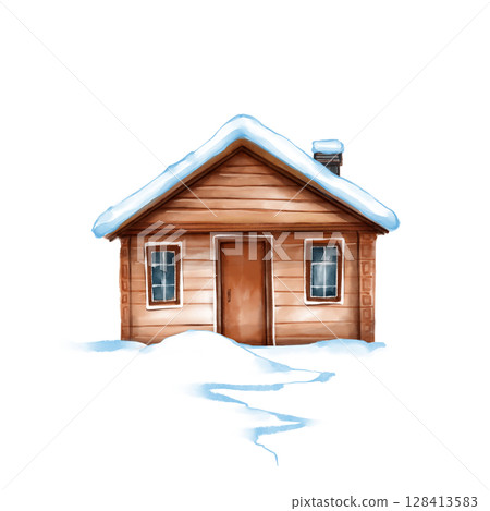 Illustration of a warm wooden cabin with snow-covered roof, perfect for winter themes, holiday cards, and cozy home decor. 128413583
