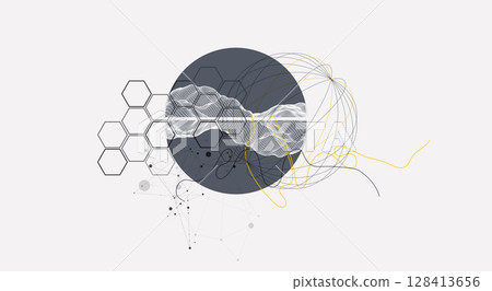 Abstract wireframe background. Modern science or technology art elements. Surface illustration inside circles 128413656