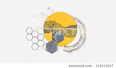 Abstract wireframe background. Modern science or technology art elements. Surface illustration inside circles 128413657
