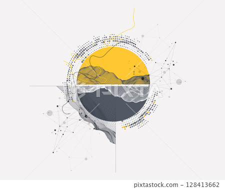 Abstract wireframe background. Modern science or technology art elements. Surface illustration inside circles Abstract wireframe background. Modern science or technology art elements. Surface illustration inside circles 128413662