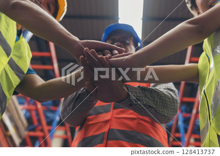 Diversity Teamwork hands stack together trust partner. Warehouse worker fist bump Engineer man, women hands holding partnership. Multiracial people fist bump partner colleague logistics Warehouse 128413737