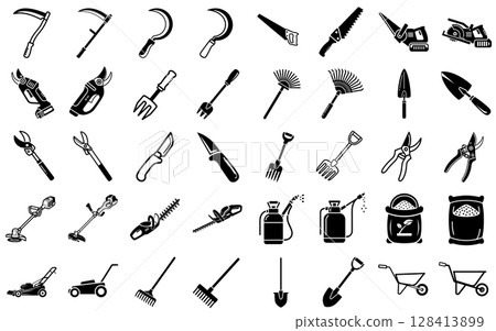 A set of 40 black and white icons of a variety of garden tools and accessories. 128413899