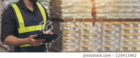 Banner Close up Hispanic men hands using pen touch smart tablet Warehouse management logistics counting checking products on inventory shelf. Man hands worker check stock control with copy space 128413902