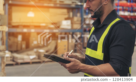 Close up Hispanic men hands using pen touch smart tablet Warehouse management logistics counting checking products on inventory shelf. Man hands worker check stock control in distribution storage 128413904
