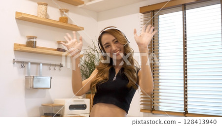 Portrait Asian women happiness smiling laugh happy person looking at camera. Beautiful happy girl portrait joy cheerful. Beauty women smile laughing. Confidence females candid shot smiling face. 128413940