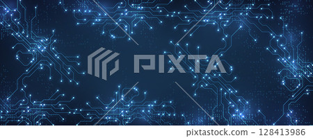 Circuit board digital abstract background. Motherboard technology texture design. AI semiconductor and computer processor on tech bg. Vector illustration 128413986