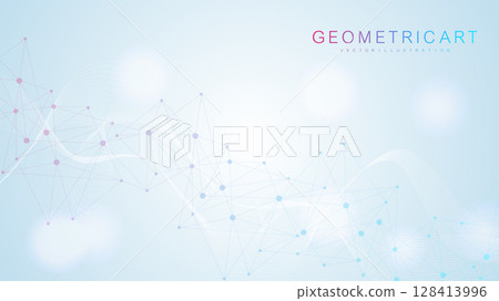 Geometric abstract background with connected line and dots. Structure molecule and communication. Big Data Visualization. Medical, technology, science background. Vector illustration. 128413996