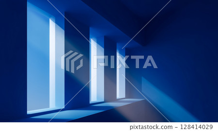 Reflective glass shapes in a modern digital composition, gradient blue background 128414029
