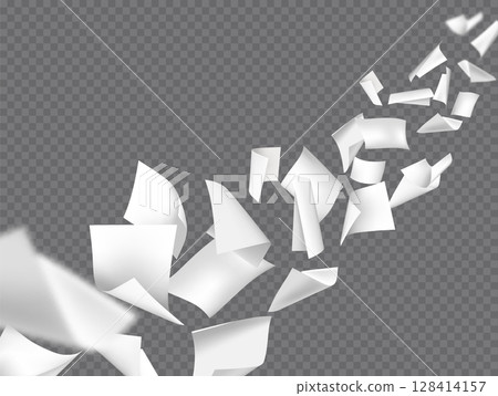 Curled paper sheet flying. Empty papers floating, 3D realistic throwing office A4 document, notebook pages with wind blow, scatter files in perspective. Vector background 128414157