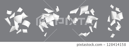 Flying white paper sheets. Blank paper groups chaotic floating in air. 3D realistic throwing office document, notebook pages blowing, scatter file sheets. Vector mockups 128414158