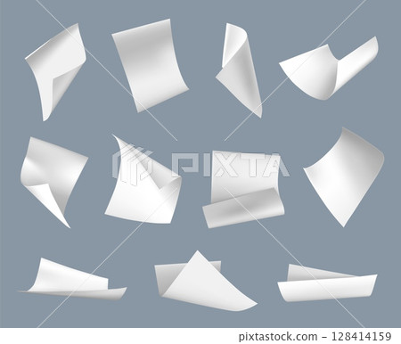 Flying paper. Curled blank white paper sheets floating in air and falling down. 3D realistic A4 letter document, note pages blow wind, scatter sheets. Vector isolated set 128414159