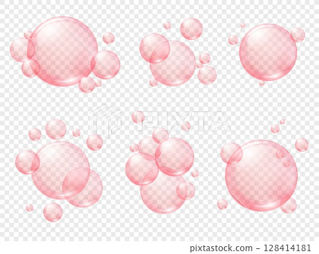 Pink collagen serum or soap bubbles. Cosmetic skincare essence, vitamin or moisture drops. Pink transparent spheres, chewing bubble gum balls. 3D realistic vector set 128414181