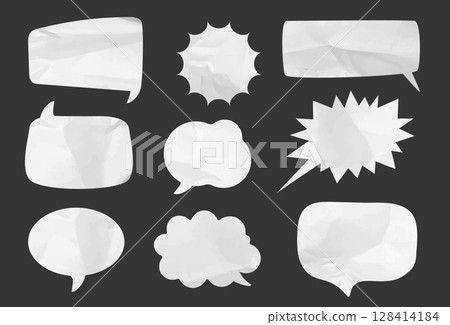 Crumpled paper speech bubbles. Comic text balloon, dialog boxes with wrinkled paper texture. Social media dialogue frame, chatting box and thought clouds vector isolated set Crumpled paper speech bubbles. Comic text balloon, dialog boxes with wrinkled paper texture. Social media dialogue frame, chatting box and thought clouds vector isolated set 128414184