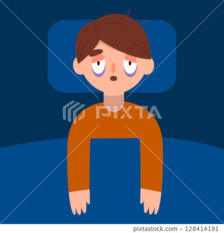 Man or boy cartoon suffering on the bed can not sleep. insomnia and sleeplessness. Mental health 128414191