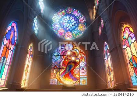 Game background: A world landscape with stained glass windows reflecting beautiful light 128414210
