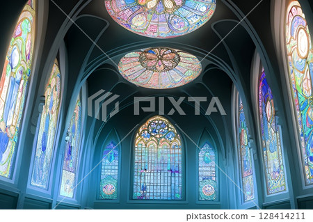 Game background: A world landscape with stained glass windows reflecting beautiful light 128414211