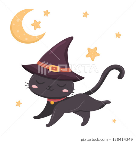 black cat in a witch hat with crescent moon and yellow stars, flat style, Halloween magic black cat in a witch hat with crescent moon and yellow stars, flat style, Halloween magic 128414349