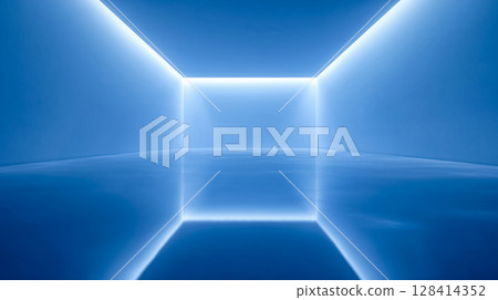 照明極簡主義的房間,藍色漸變和邊緣光幾何,未來主義的空室內概念 照明極簡主義的房間,藍色漸變和邊緣光幾何,未來主義的空室內概念 128414352