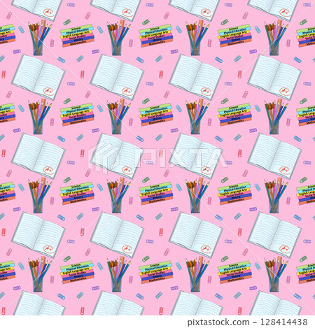 Seamless pattern with notebooks, books, pencils, paper clips illustration on pink background. For back to school theme, school or office supplies, stationery design, textile print, and wrapping paper. 128414438