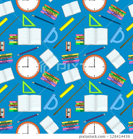 Seamless pattern with books, clocks, pencils, rulers, sharpeners and subject labels on blue background. For back to school theme, school supplies or stationery design, textile print, wrapping paper. Seamless pattern with books, clocks, pencils, rulers, sharpeners and subject labels on blue background. For back to school theme, school supplies or stationery design, textile print, wrapping paper. 128414439