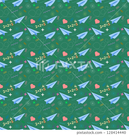 Playful seamless pattern with paper planes, equations, hearts and school supplies on green background. For back to school theme, office supplies, stationery design, textile print, and wrapping paper. Playful seamless pattern with paper planes, equations, hearts and school supplies on green background. For back to school theme, office supplies, stationery design, textile print, and wrapping paper. 128414440