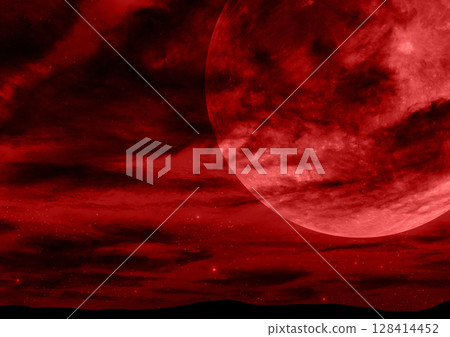 Red night sky with clouds and full moon 128414452