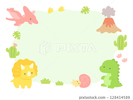 Cute dinosaur and volcano frame Cute dinosaur and volcano frame 128414589