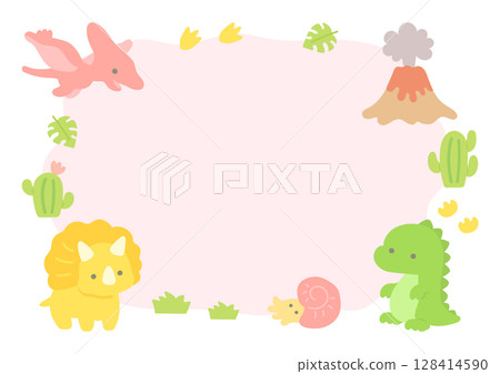 Cute dinosaur and volcano frame, background illustration 128414590
