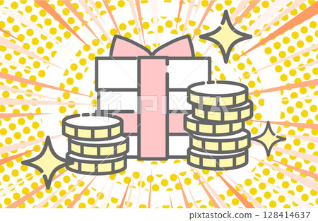 Pop illustration of a gift with ribbon and a coin Pop illustration of a gift with ribbon and a coin 128414637