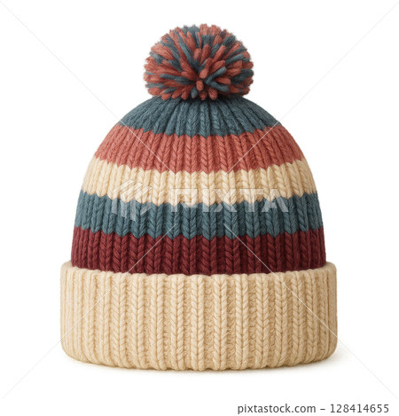 Colorful Knitted Hat With Pom Pom Displayed Against a Neutral Background 128414655