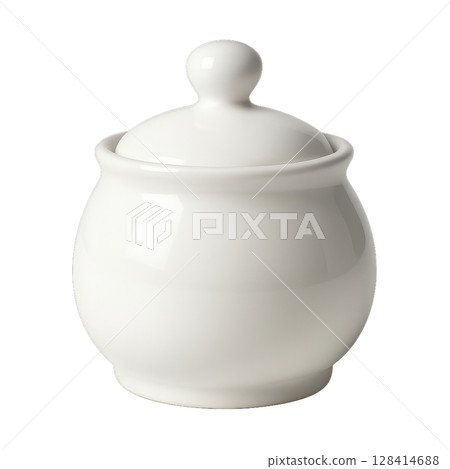 Ceramic Sugar Bowl With a Round Body and Lid for Serving Sugar at Dining Tables 128414688